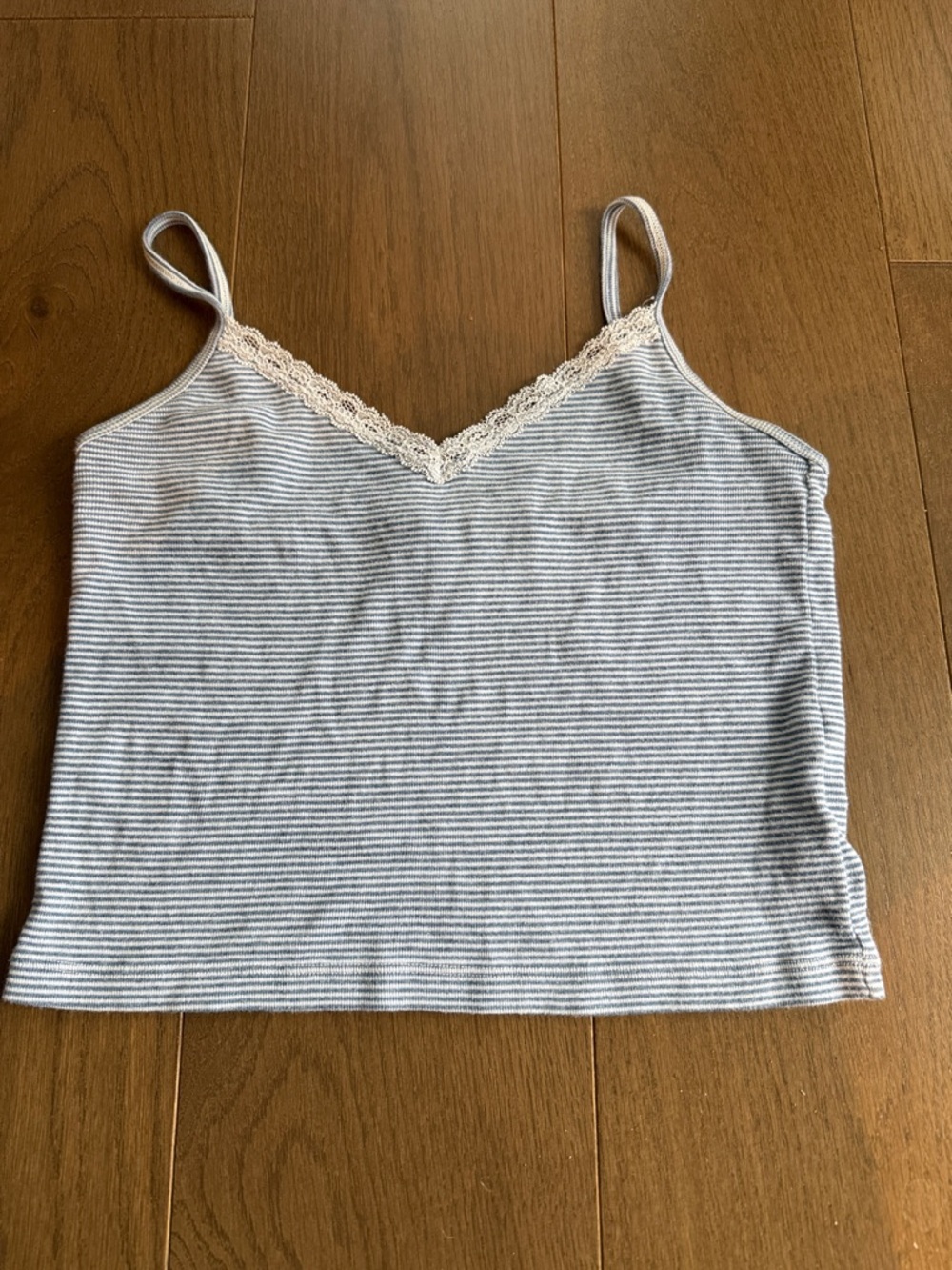 Brandy Melville Gray and White Striped Lace-Trim Camisole